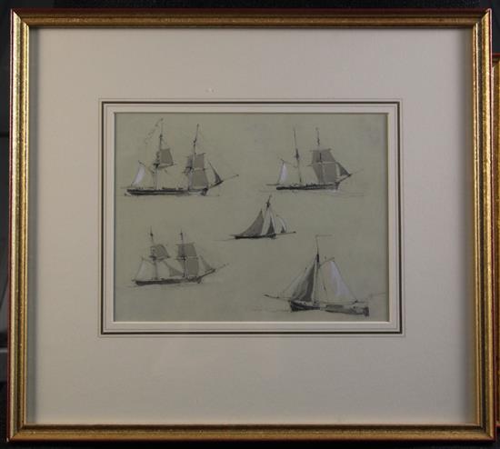 Richard Henry Nibbs (1816-1893) Looking towards Dolphin Hard, New Shoreham, Sussex and Study of fishing boats and luggers, 5 x 9in. & 7